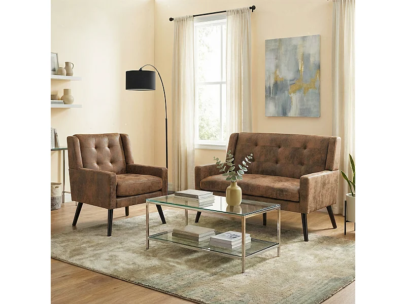 Canapé 2 places et fauteuils en tissu suédine café - Ensemble de 2 avec pieds en bois