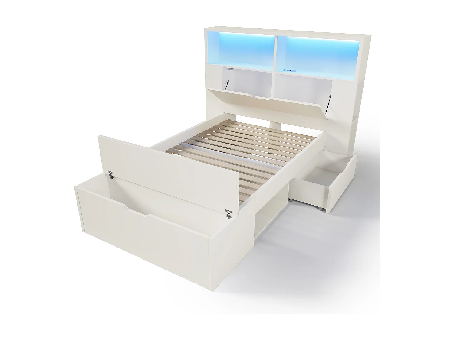 Lit enfant 90x200 cm avec LED, ports USB, tiroirs et banc - Bois blanc