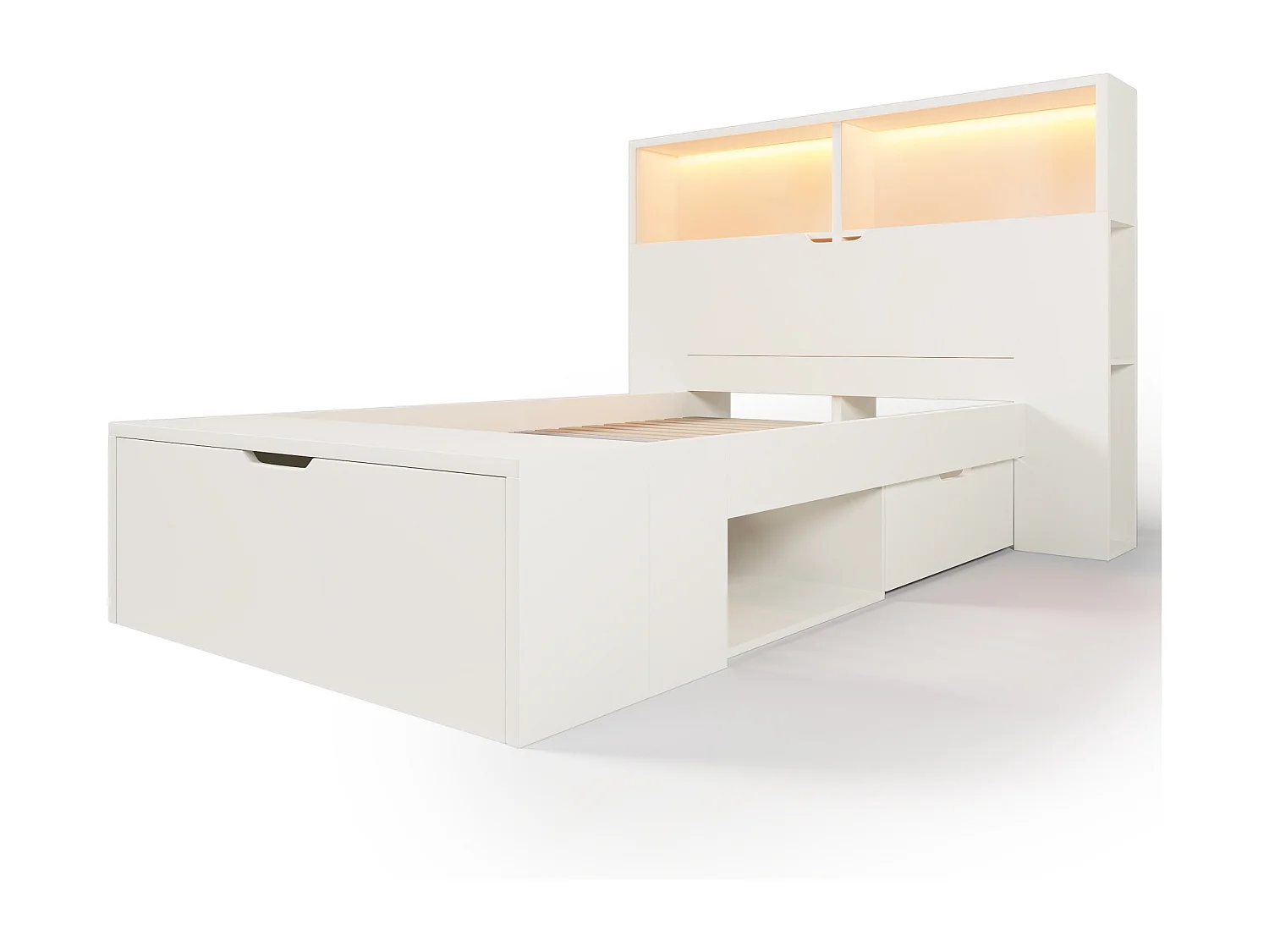 Lit enfant 90x200 cm avec LED, ports USB, tiroirs et banc - Bois blanc