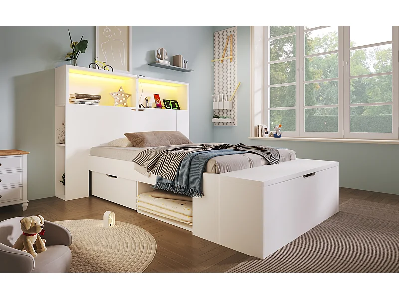 Lit enfant 90x200 cm avec LED, ports USB, tiroirs et banc - Bois blanc