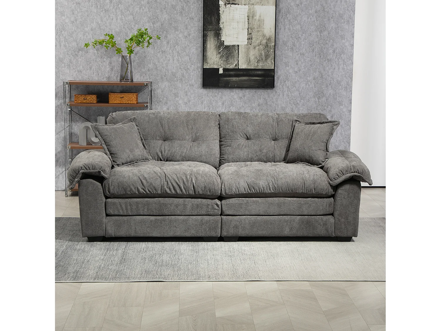 Canapé 2 places et fauteuils pivotant en tissu chenille gris - Avec coussins