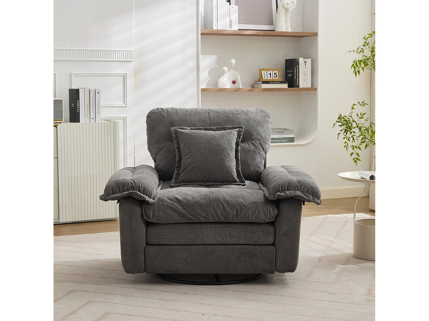Canapé 2 places et fauteuils pivotant en tissu chenille gris - Avec coussins
