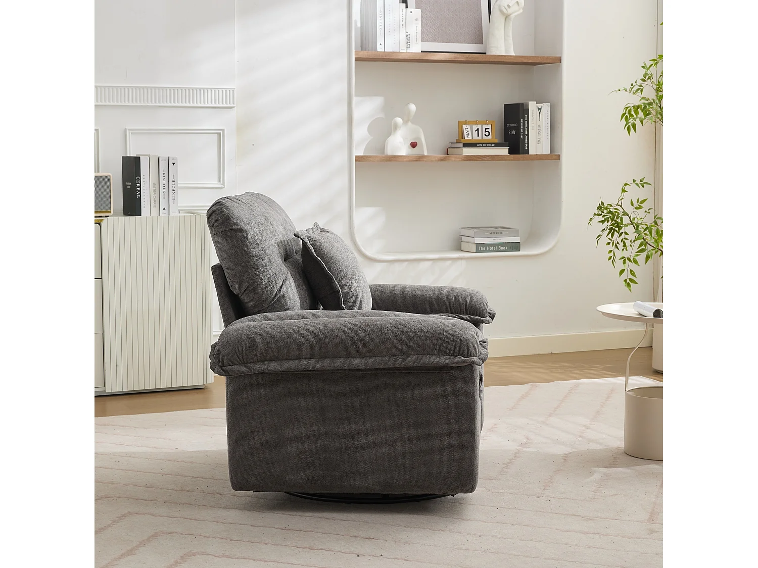 Canapé 2 places et fauteuils pivotant en tissu chenille gris - Avec coussins