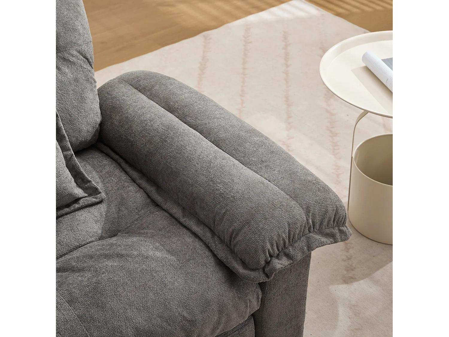 Canapé 2 places et fauteuils pivotant en tissu chenille gris - Avec coussins