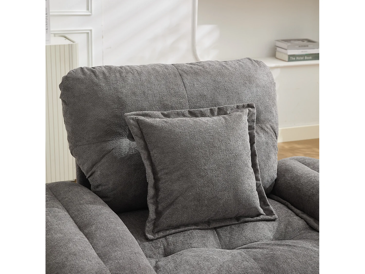 Canapé 2 places et fauteuils pivotant en tissu chenille gris - Avec coussins