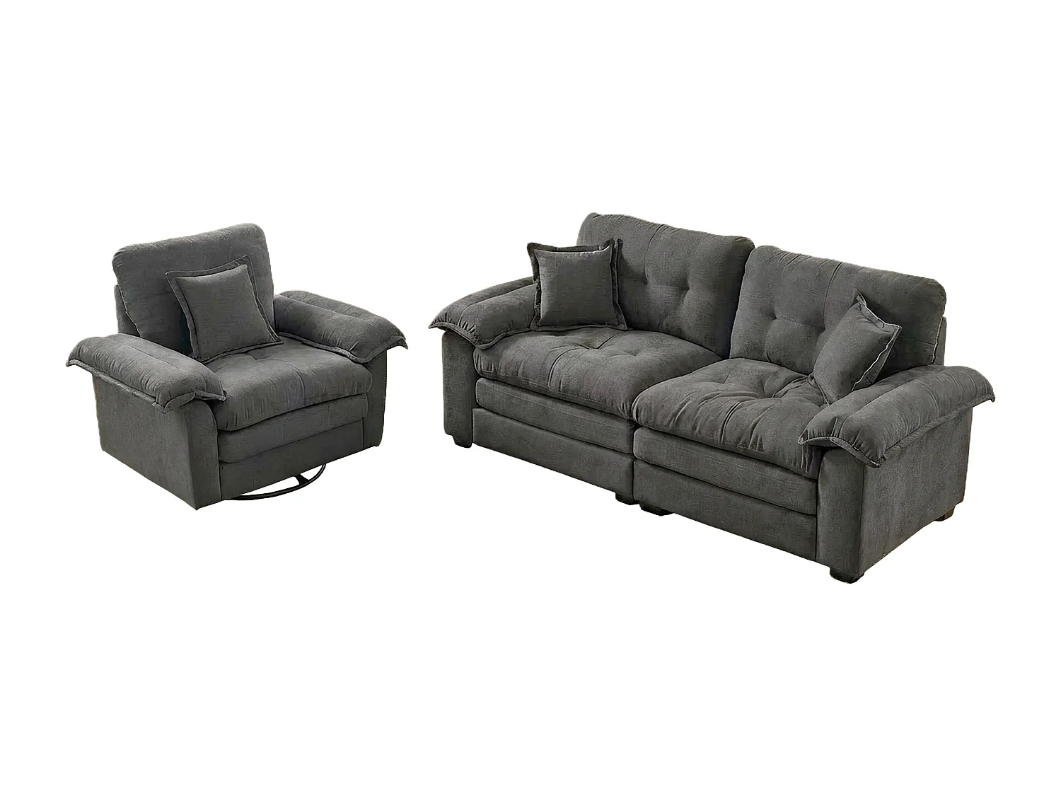 Canapé 2 places et fauteuils pivotant en tissu chenille gris - Avec coussins