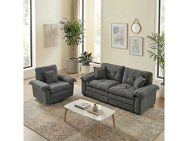 Sofá de 2 plazas y sillones giratorios en tejido chenilla gris - Con cojines