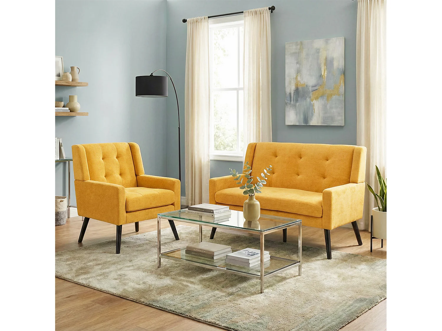 Canapé 2 places et fauteuils en tissu lin jaune - Ensemble de 2 avec pieds en bois