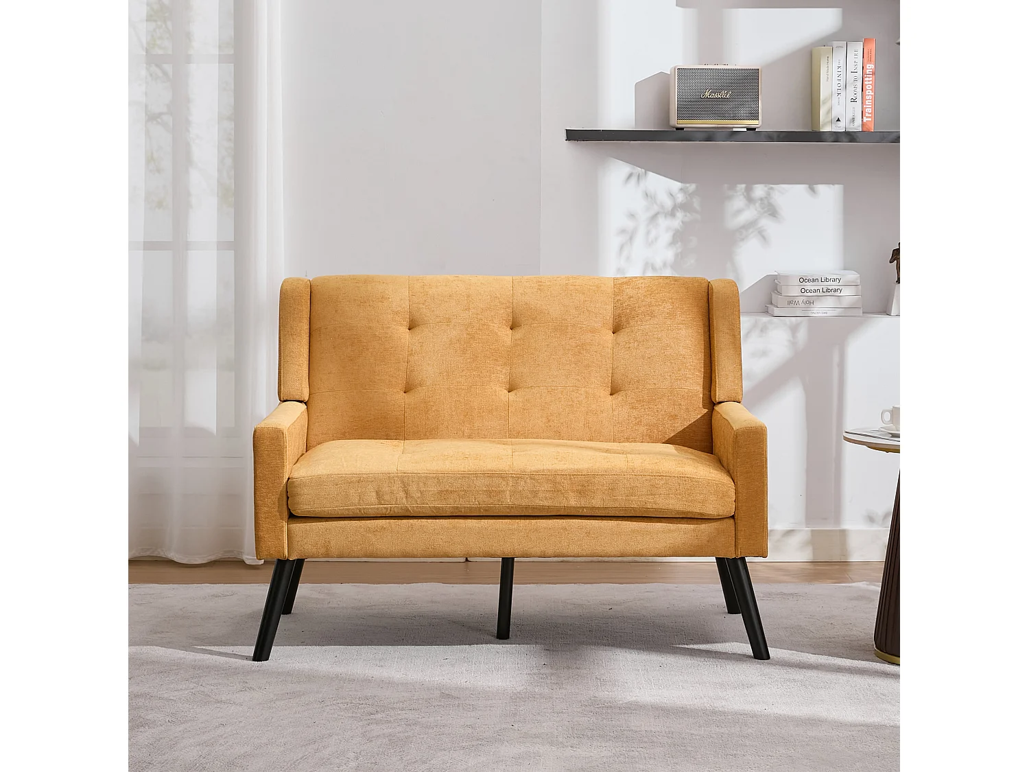 Canapé 2 places et fauteuils en tissu lin jaune - Ensemble de 2 avec pieds en bois