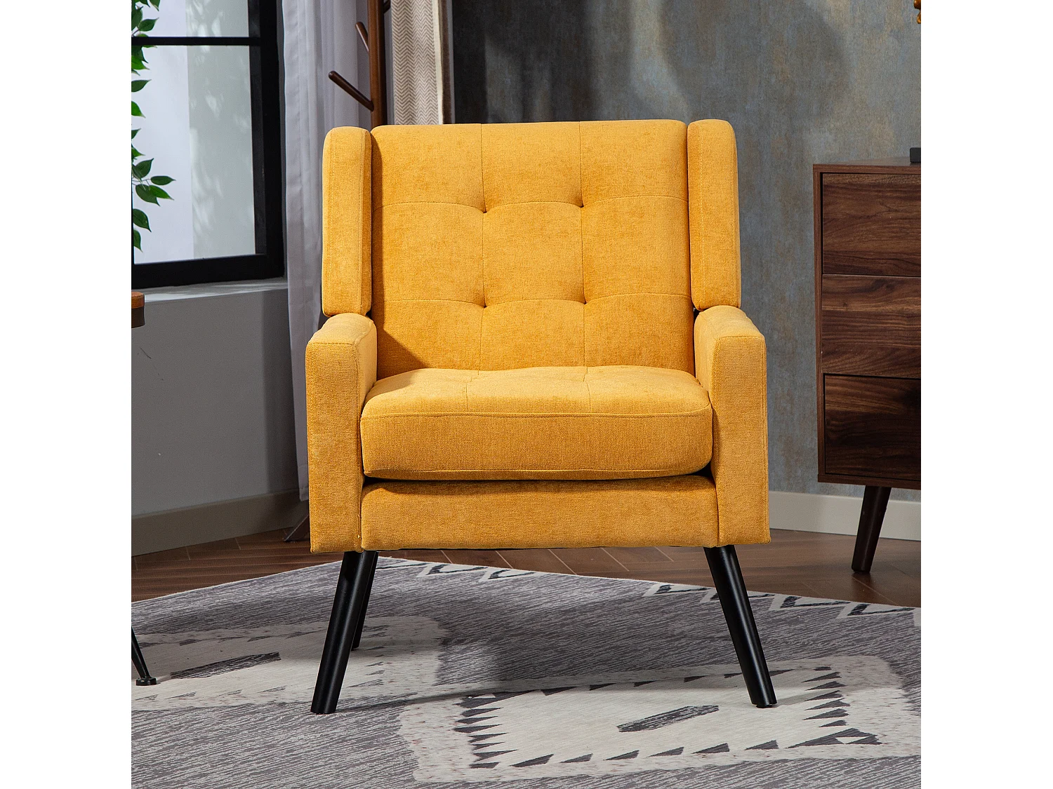 Canapé 2 places et fauteuils en tissu lin jaune - Ensemble de 2 avec pieds en bois