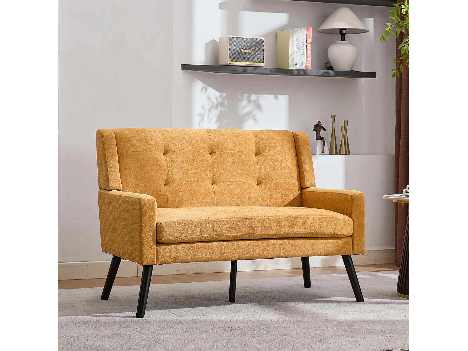 Canapé 2 places et fauteuils en tissu lin jaune - Ensemble de 2 avec pieds en bois