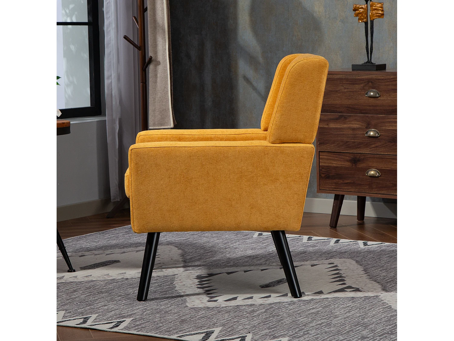 Canapé 2 places et fauteuils en tissu lin jaune - Ensemble de 2 avec pieds en bois