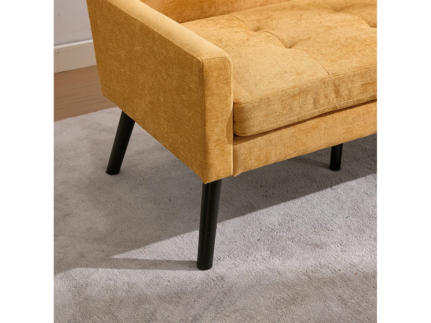 Canapé 2 places et fauteuils en tissu lin jaune - Ensemble de 2 avec pieds en bois