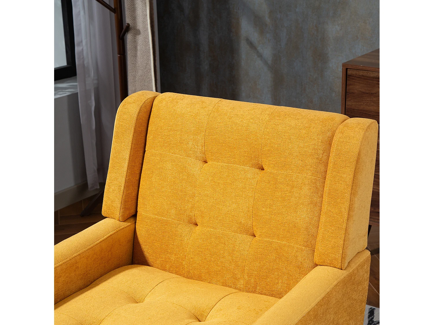 Canapé 2 places et fauteuils en tissu lin jaune - Ensemble de 2 avec pieds en bois