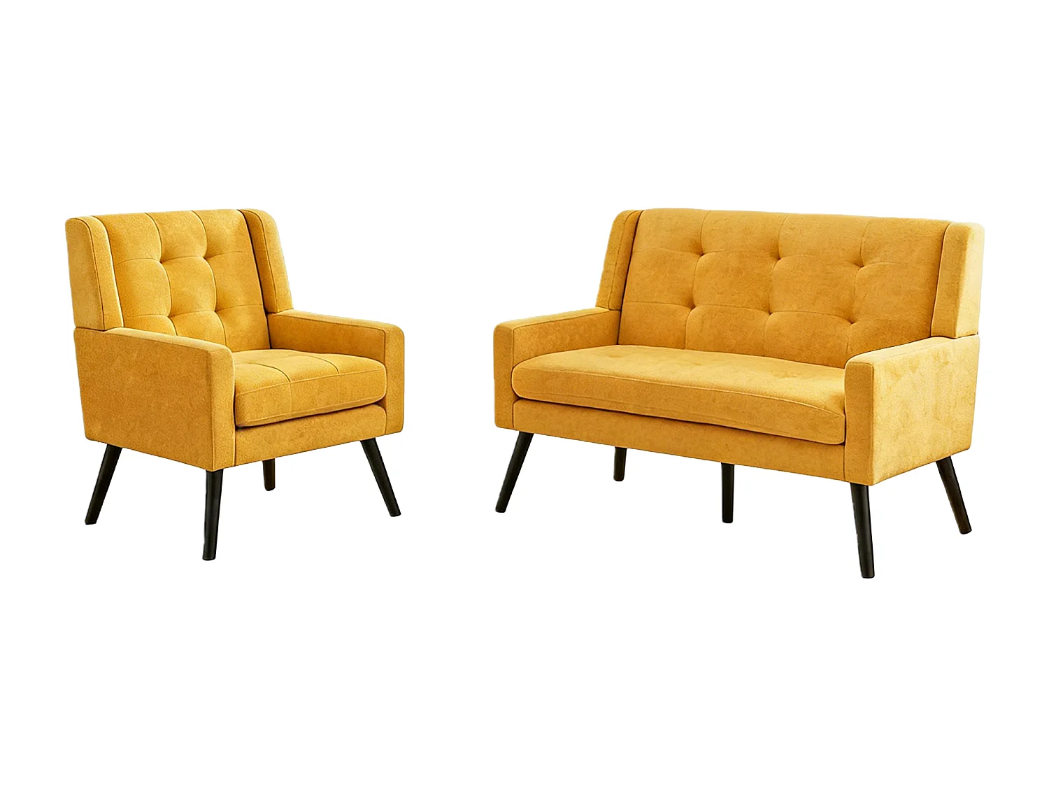 Canapé 2 places et fauteuils en tissu lin jaune - Ensemble de 2 avec pieds en bois