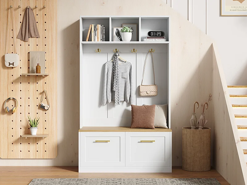 Cabide branco para hall de entrada com banco, 4 ganchos e 2 portas, 105×40×180 cm