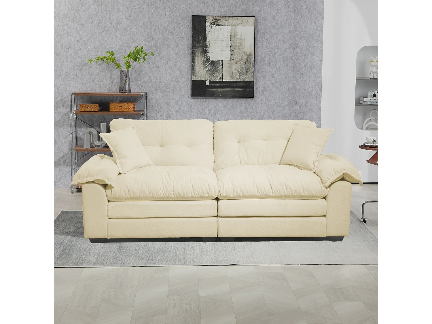 Canapé 2 places et fauteuils pivotant en tissu chenille beige - Avec coussins