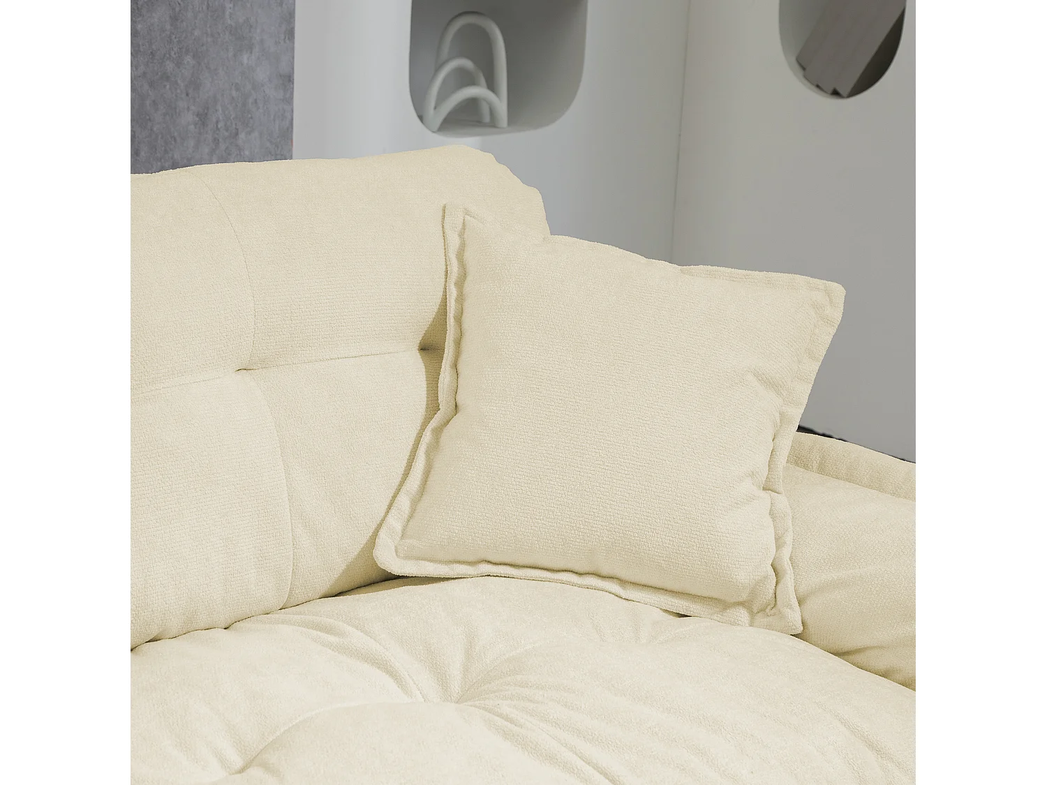 Canapé 2 places et fauteuils pivotant en tissu chenille beige - Avec coussins