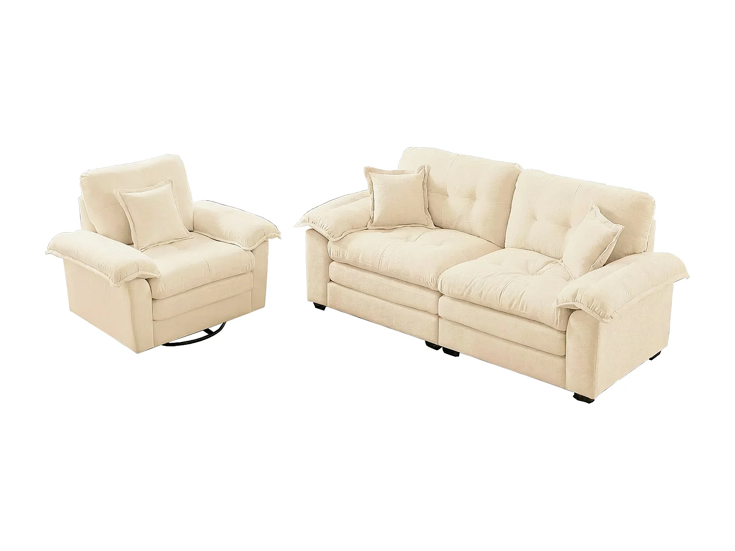 Canapé 2 places et fauteuils pivotant en tissu chenille beige - Avec coussins