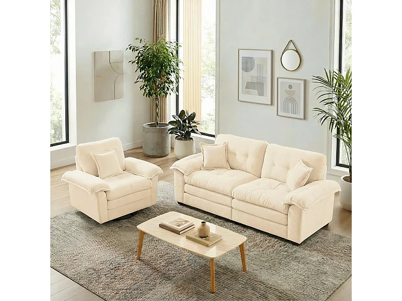 Tweezitsbank en draaibare fauteuils in beige chenillestof - Inclusief kussens