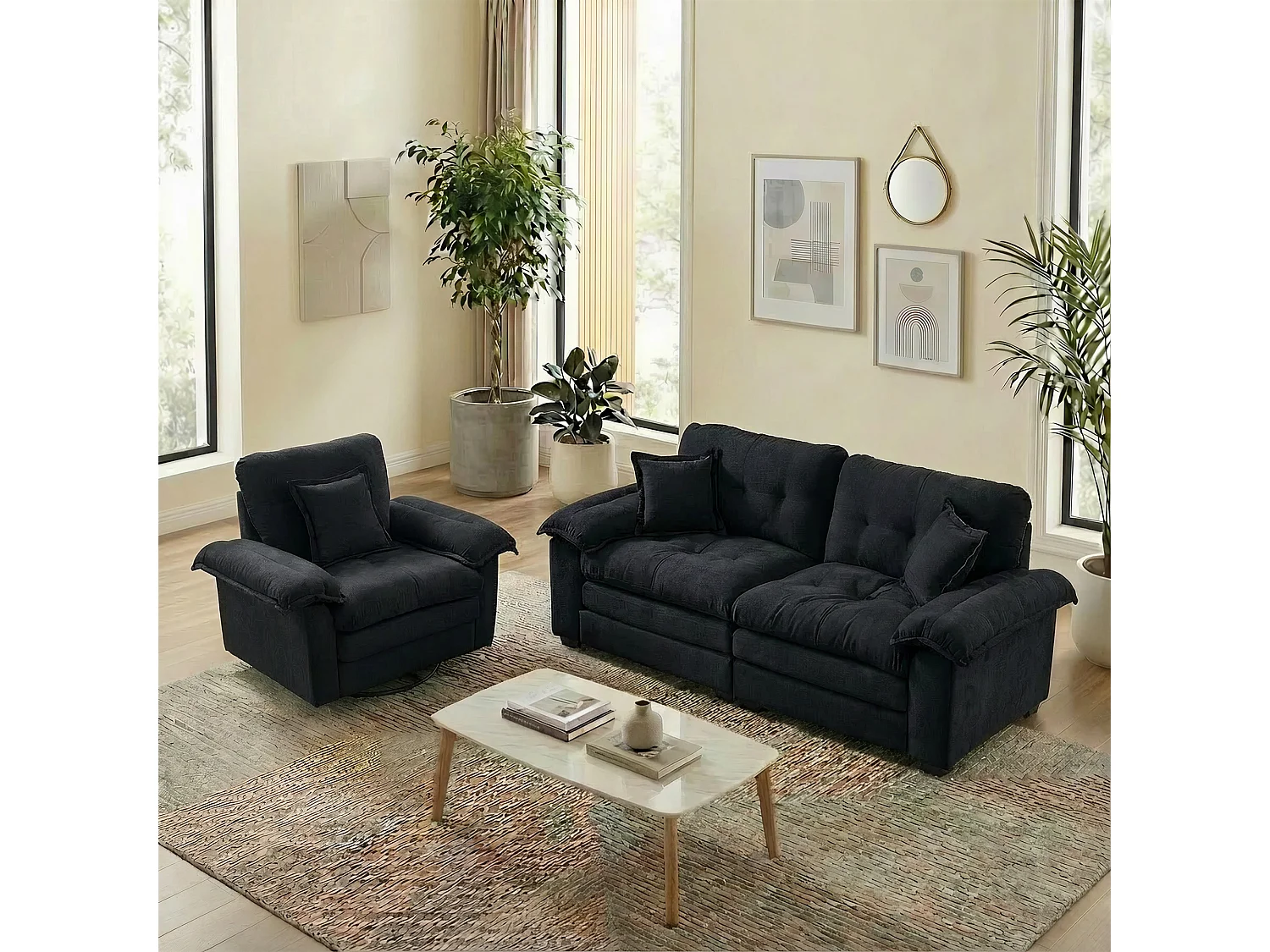 Canapé 2 places et fauteuils pivotant en tissu chenille noir - Avec coussins