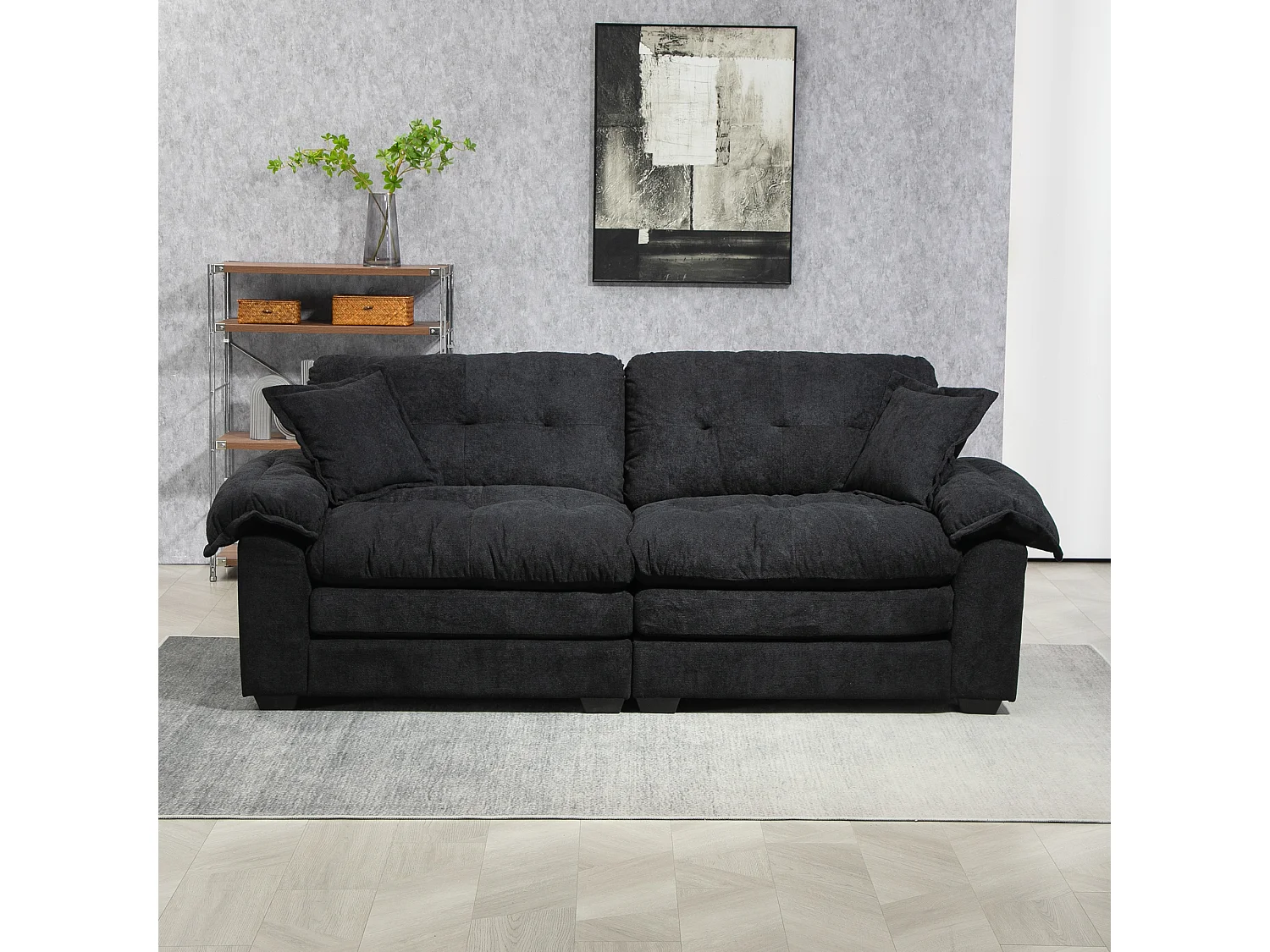 Canapé 2 places et fauteuils pivotant en tissu chenille noir - Avec coussins