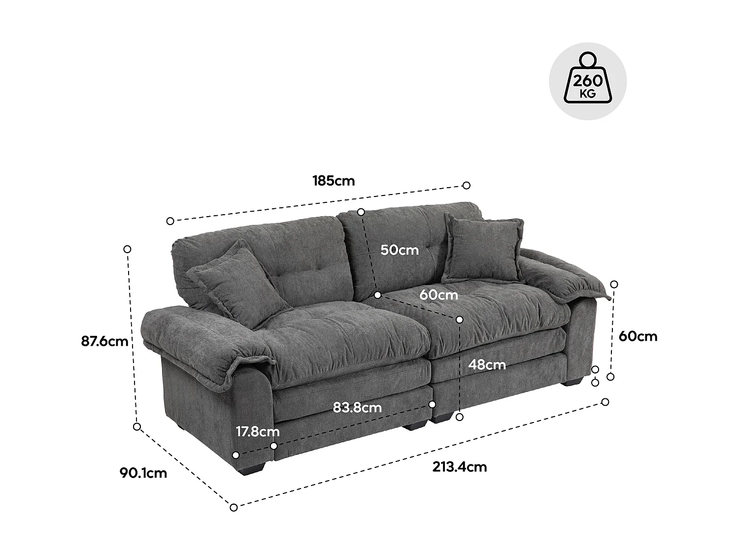 Canapé 2 places et fauteuils pivotant en tissu chenille noir - Avec coussins