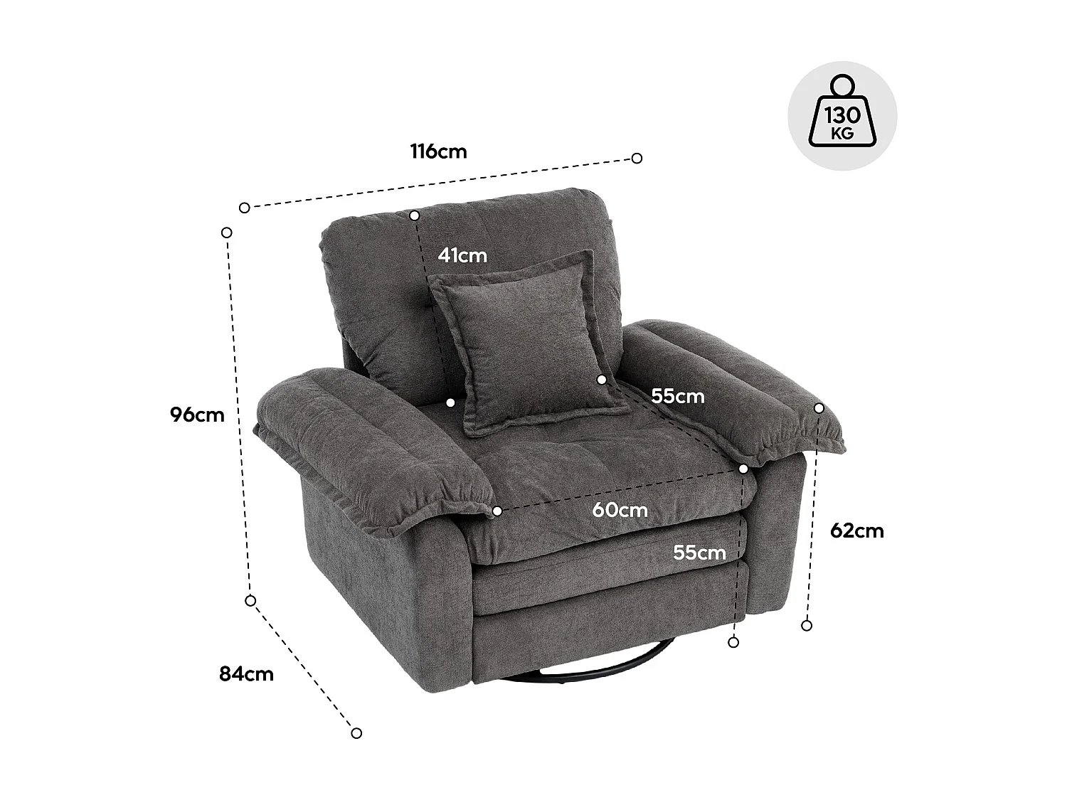 Canapé 2 places et fauteuils pivotant en tissu chenille noir - Avec coussins