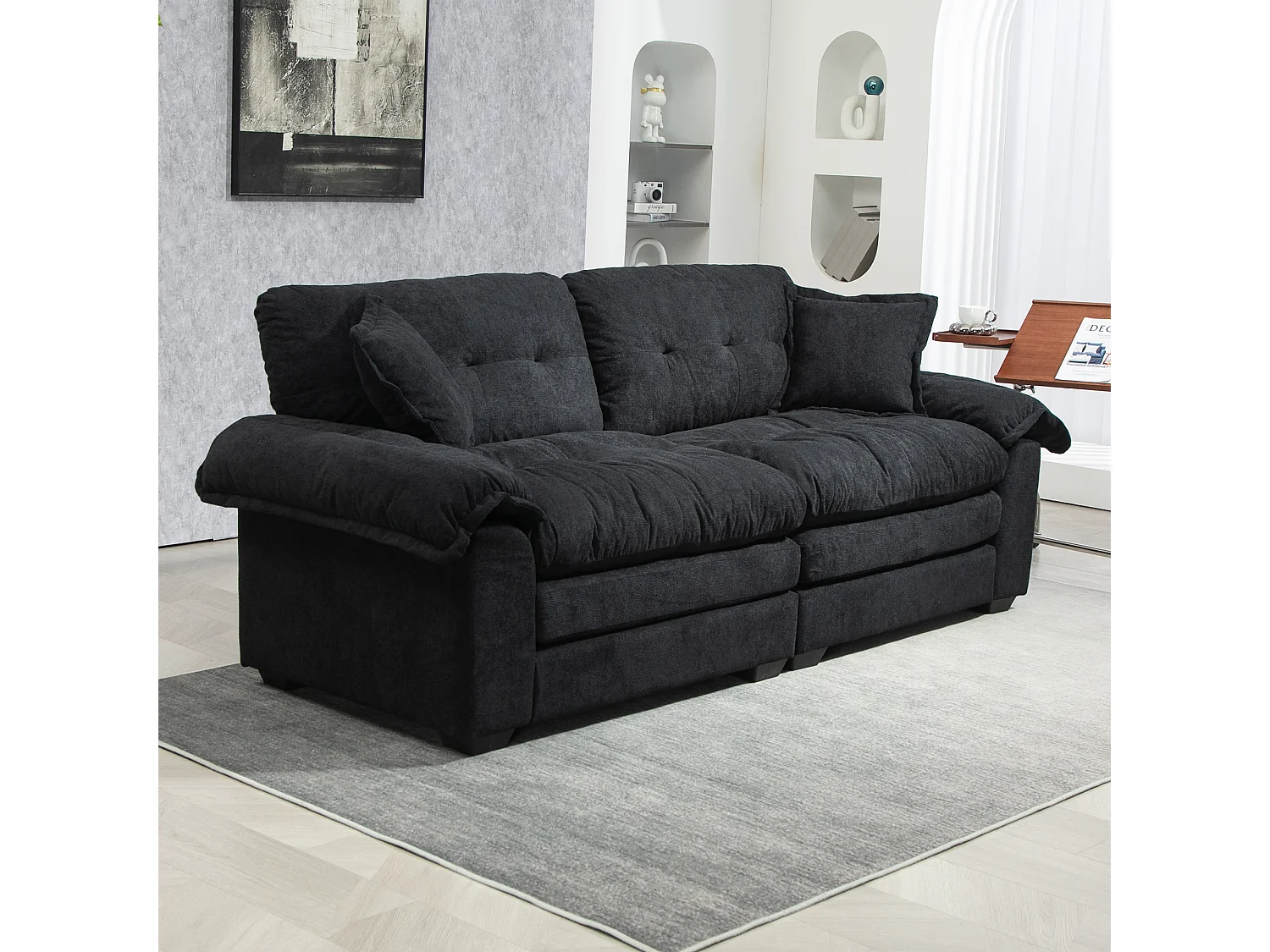 Canapé 2 places et fauteuils pivotant en tissu chenille noir - Avec coussins