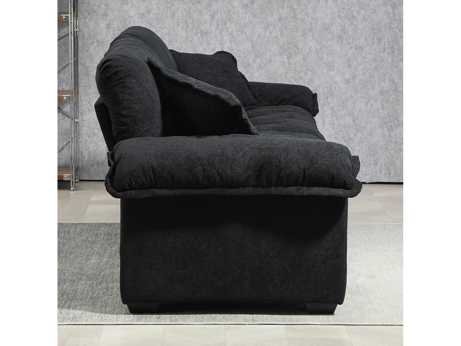 Canapé 2 places et fauteuils pivotant en tissu chenille noir - Avec coussins