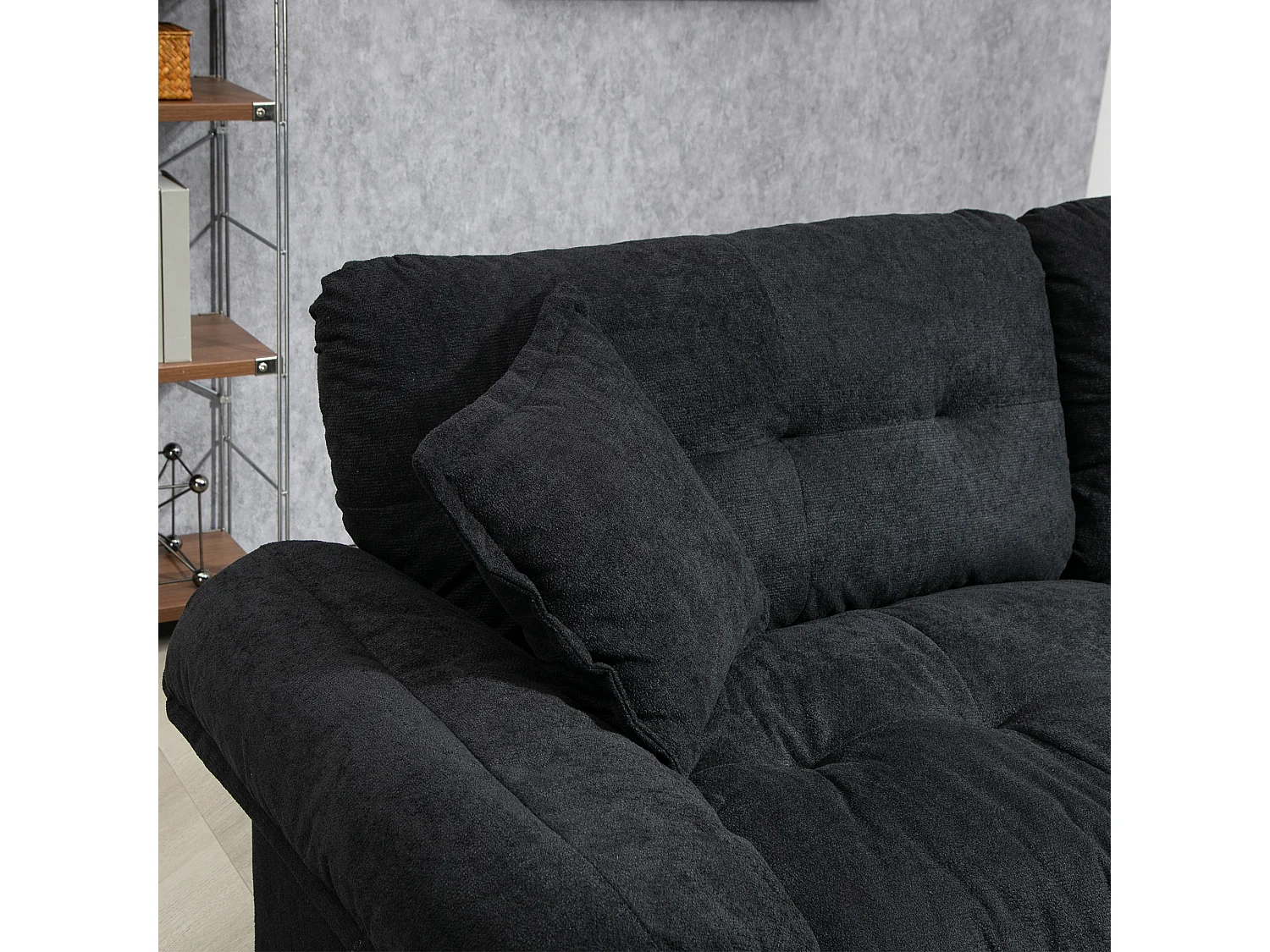 Canapé 2 places et fauteuils pivotant en tissu chenille noir - Avec coussins