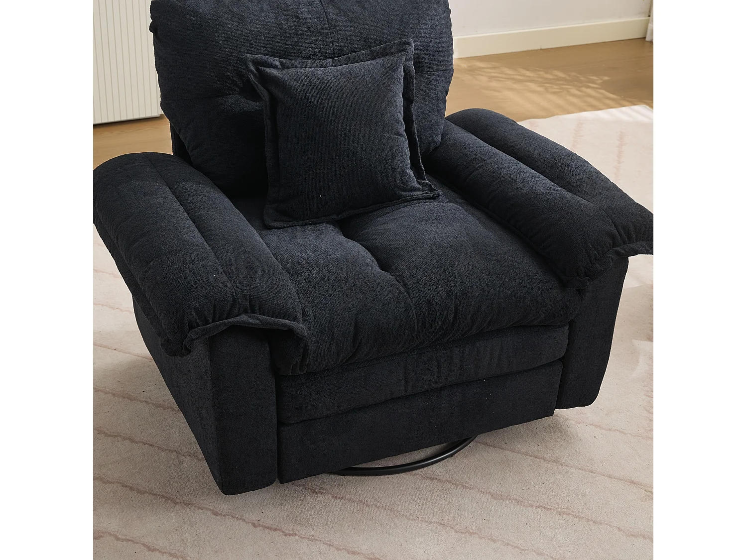 Canapé 2 places et fauteuils pivotant en tissu chenille noir - Avec coussins