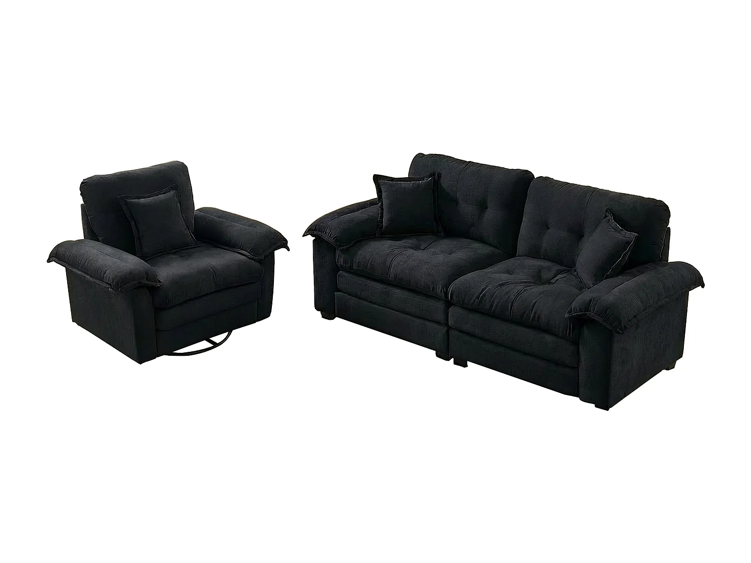 Canapé 2 places et fauteuils pivotant en tissu chenille noir - Avec coussins