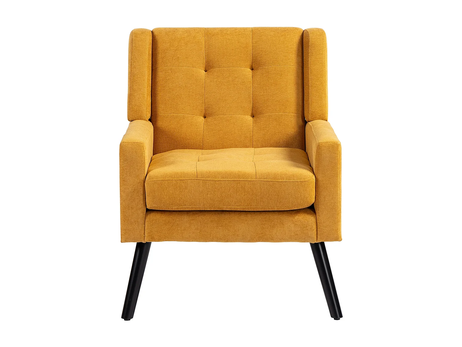 Fauteuil bekleed met gele linnen stof en houten poten.