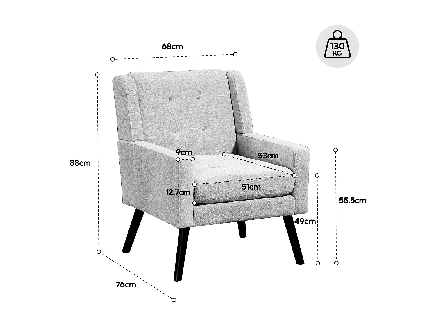 Fauteuil bekleed met gele linnen stof en houten poten.