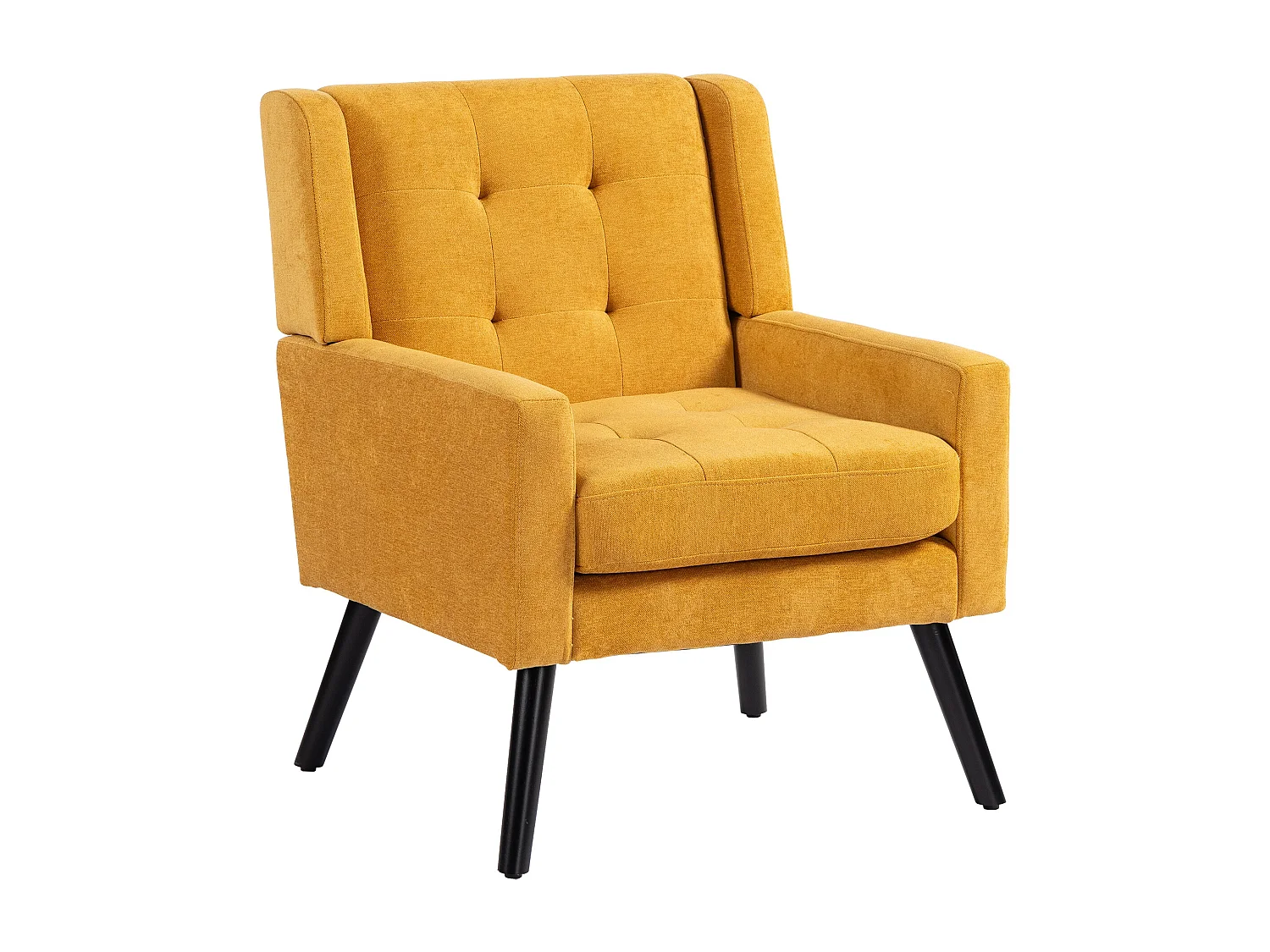 Fauteuil bekleed met gele linnen stof en houten poten.