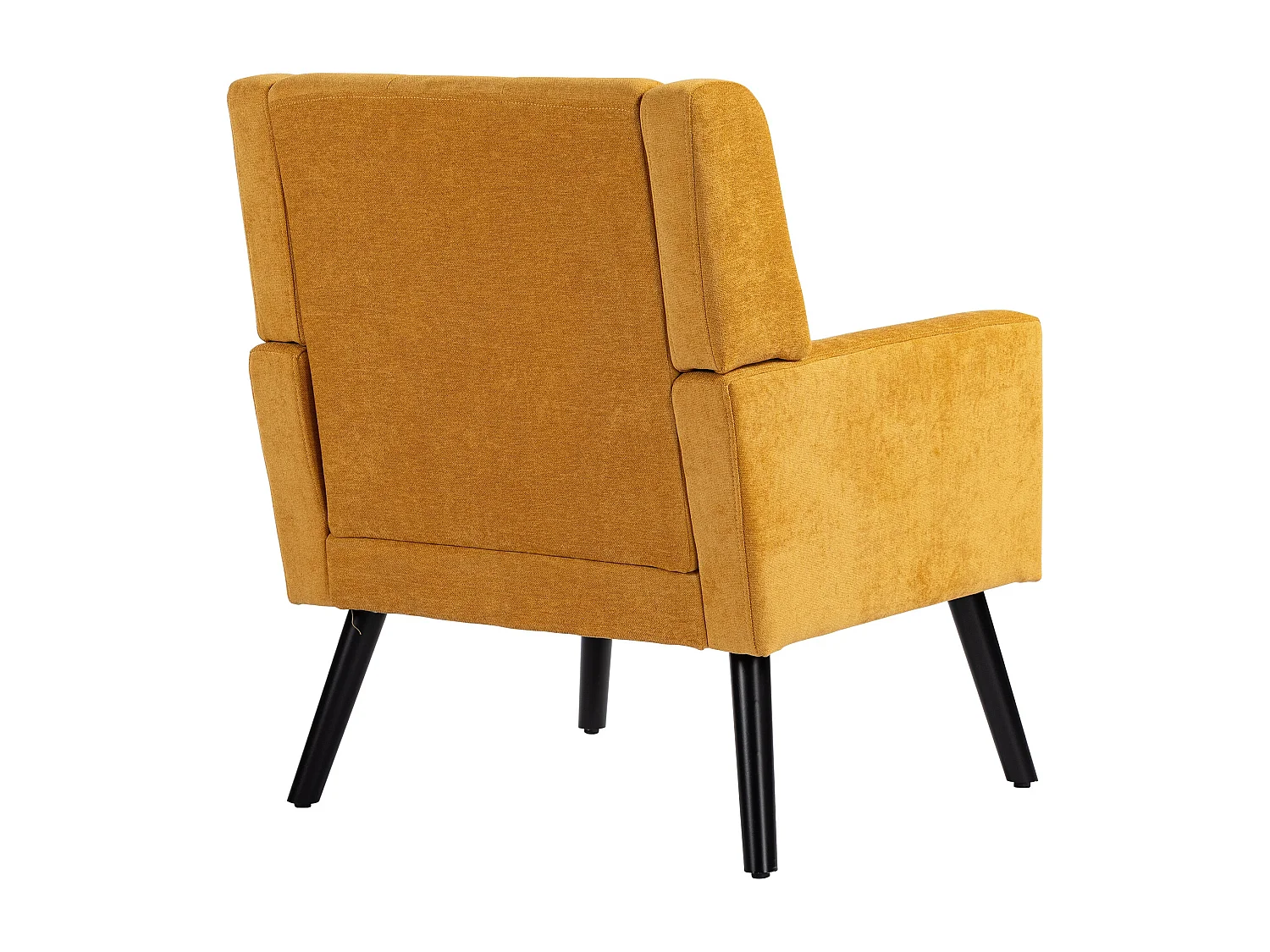 Fauteuil bekleed met gele linnen stof en houten poten.