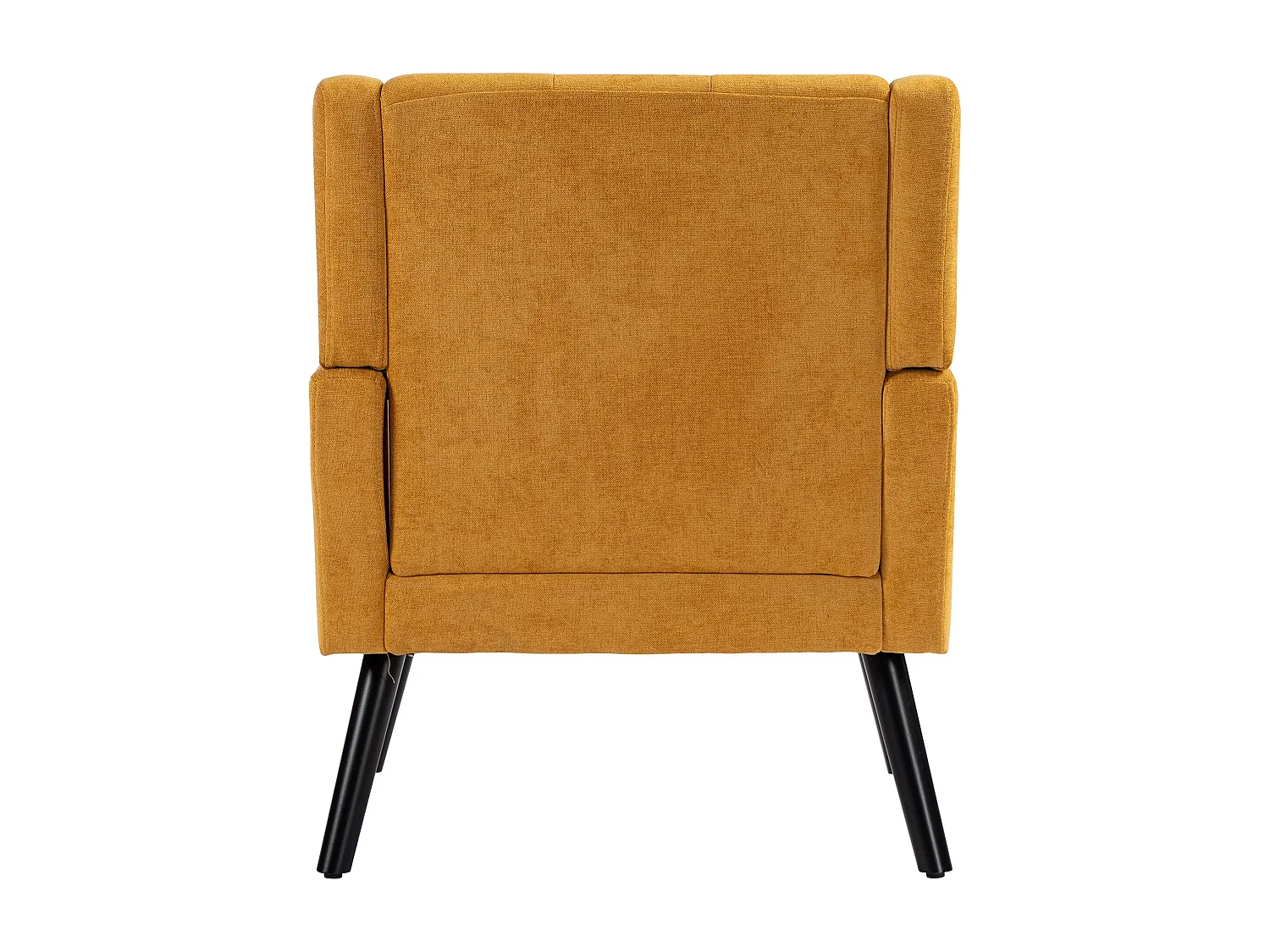 Fauteuil bekleed met gele linnen stof en houten poten.