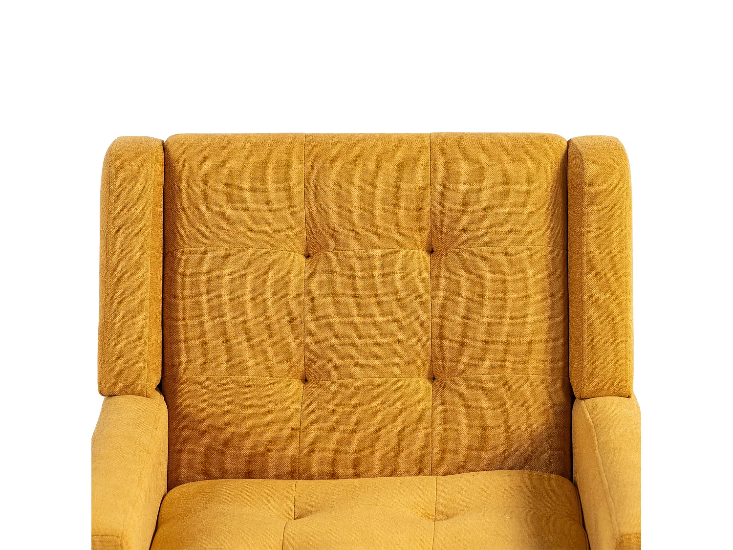 Fauteuil bekleed met gele linnen stof en houten poten.