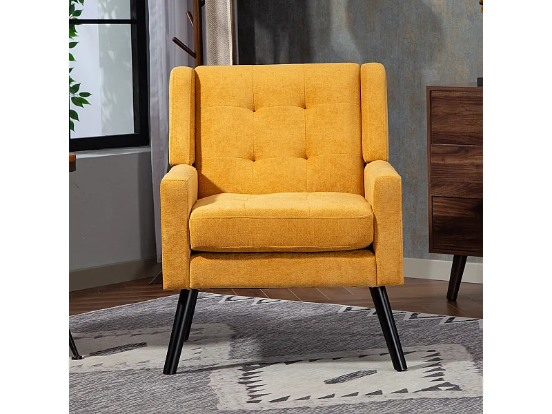 Fauteuil en tissu lin jaune avec pieds en bois