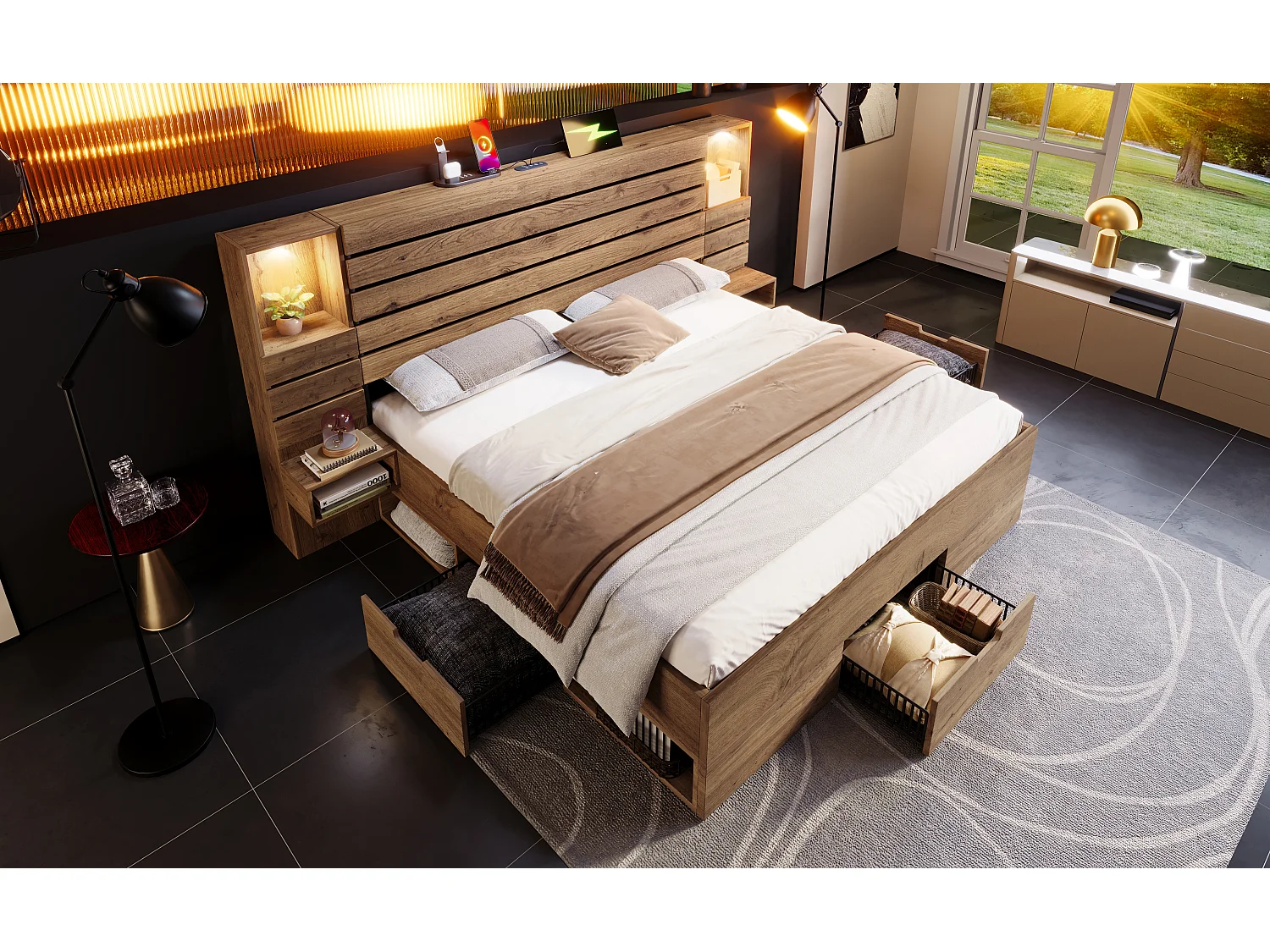 Lit double adulte 180x200 cm avec LED, 3 tiroirs, tables de chevet et ports USB/Type-C - Couleur bois