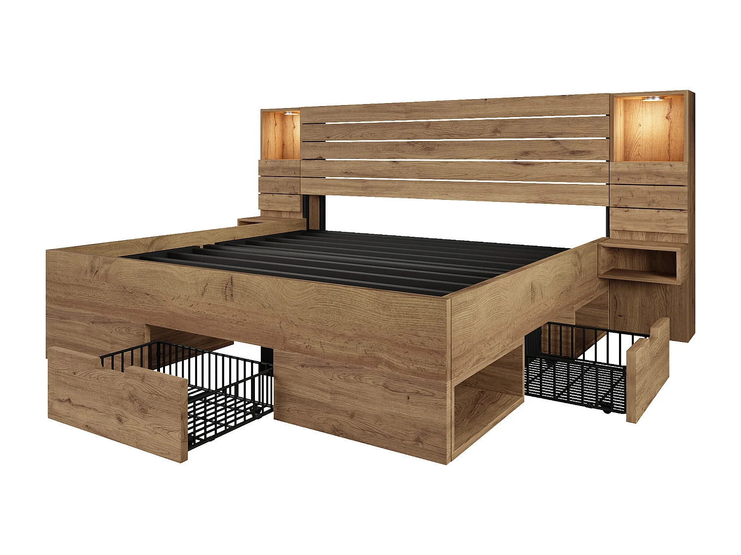 Lit double adulte 180x200 cm avec LED, 3 tiroirs, tables de chevet et ports USB/Type-C - Couleur bois
