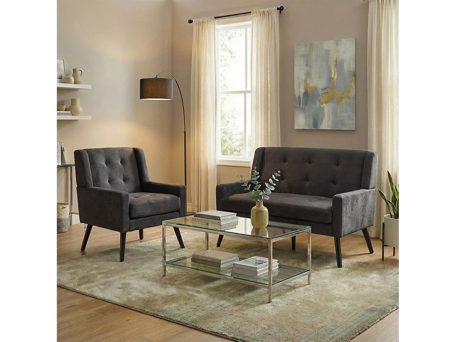 Canapé 2 places et fauteuils en tissu lin gris foncé - Ensemble de 2 avec pieds en bois