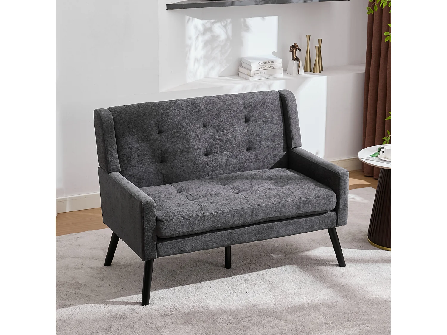 Canapé 2 places et fauteuils en tissu lin gris foncé - Ensemble de 2 avec pieds en bois