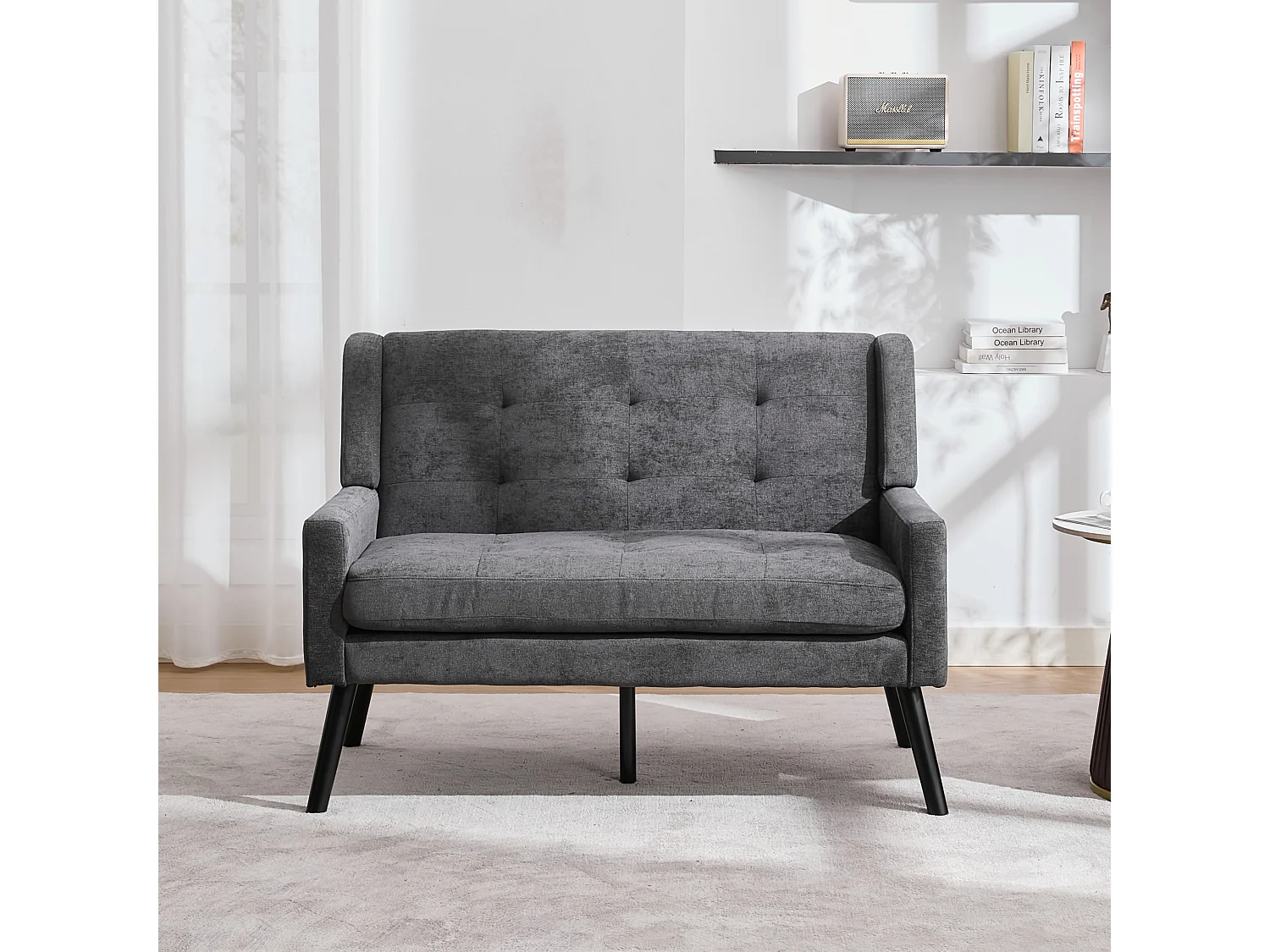 Canapé 2 places et fauteuils en tissu lin gris foncé - Ensemble de 2 avec pieds en bois