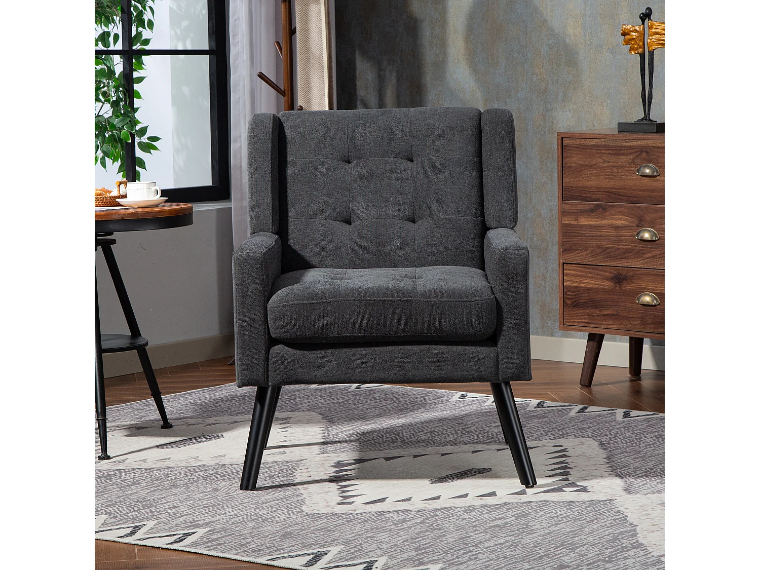 Canapé 2 places et fauteuils en tissu lin gris foncé - Ensemble de 2 avec pieds en bois