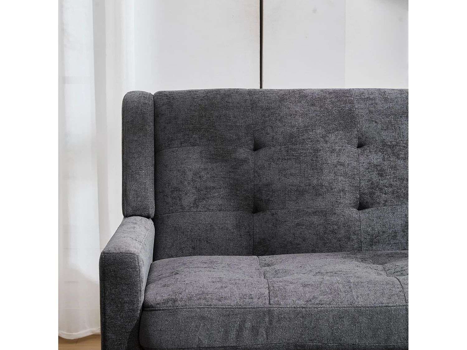 Canapé 2 places et fauteuils en tissu lin gris foncé - Ensemble de 2 avec pieds en bois