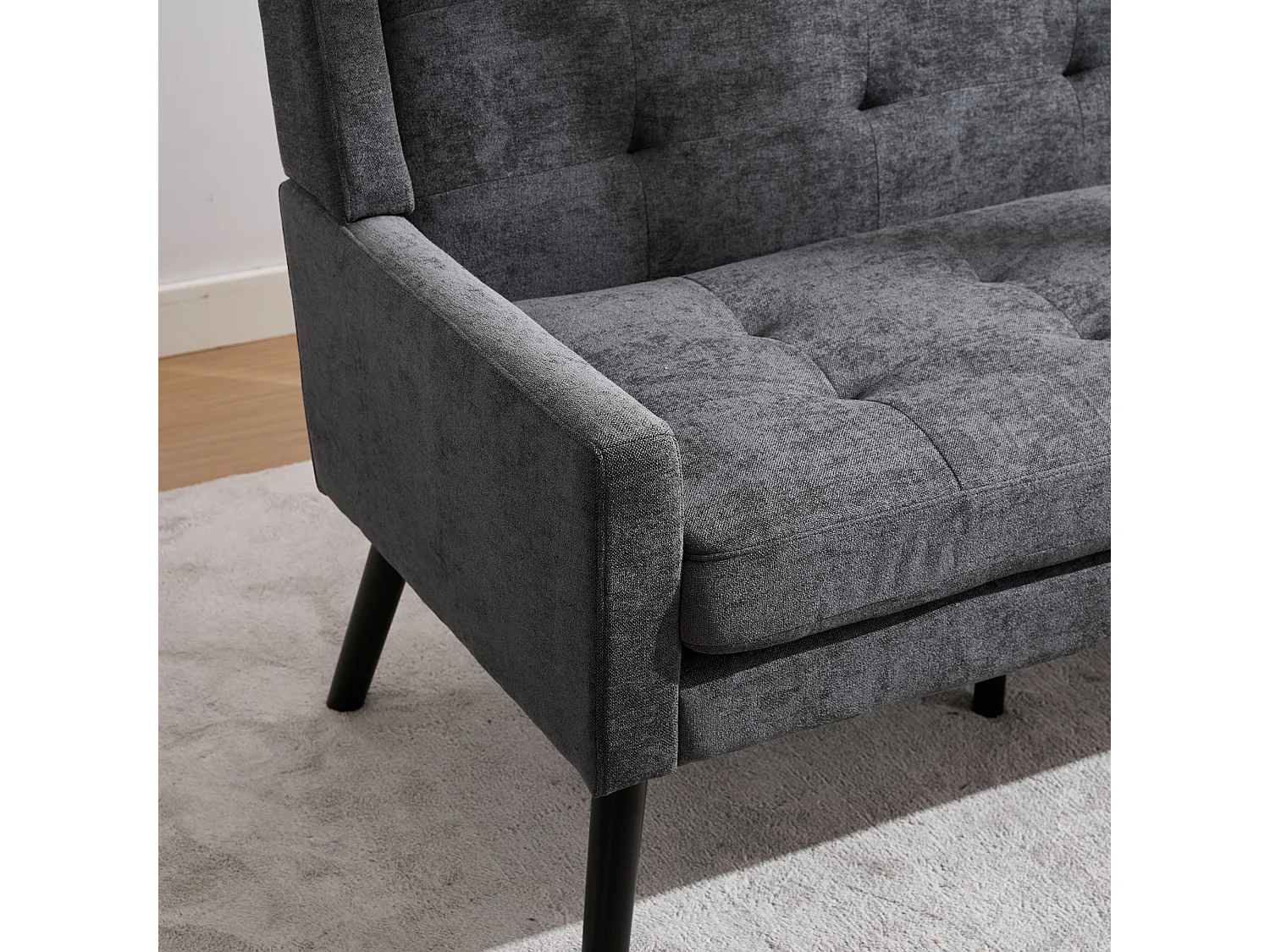 Canapé 2 places et fauteuils en tissu lin gris foncé - Ensemble de 2 avec pieds en bois