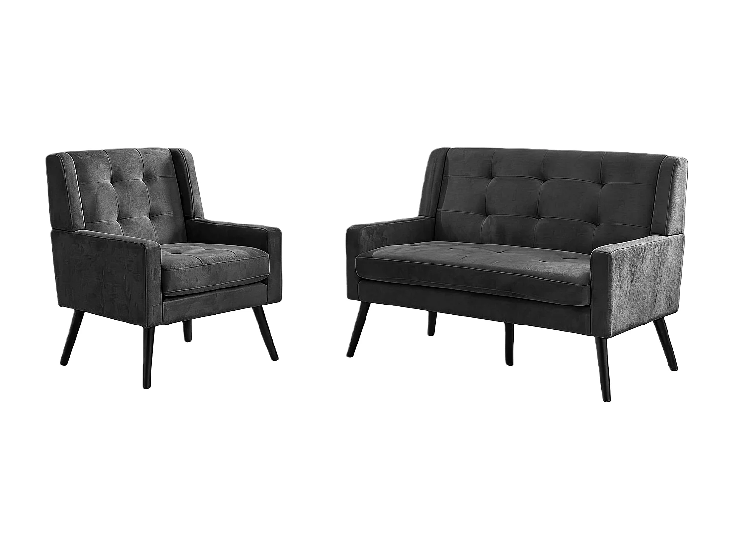 Canapé 2 places et fauteuils en tissu lin gris foncé - Ensemble de 2 avec pieds en bois