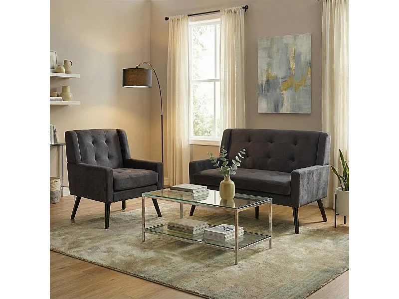 Sofá de dos plazas y sillones en tejido de lino gris oscuro - Juego de 2 con patas de madera